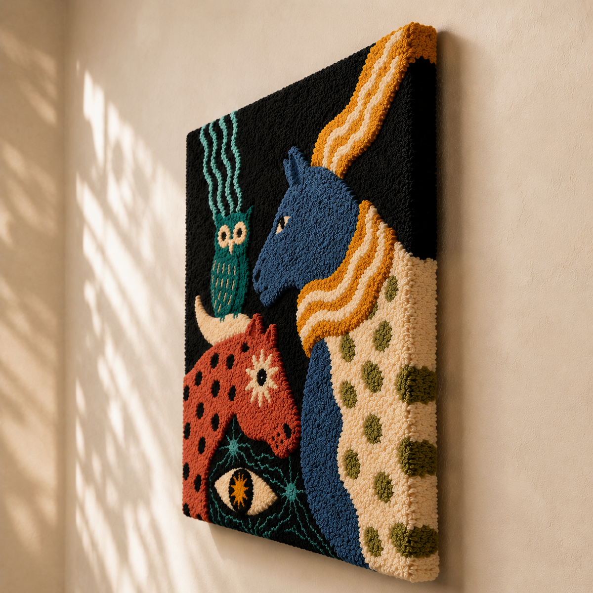 Hewn Earth Folk Mystical Animals wall art featuring illustrated mythical creatures on a wooden background.