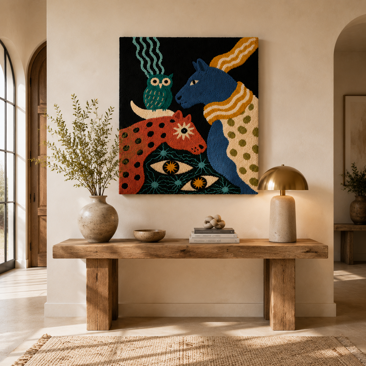 Hewn Earth Folk Mystical Animals wall art print featuring intricate mythical creature designs on a natural background.