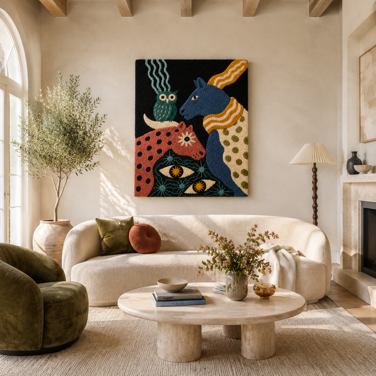 Colorful folk mystical animals wall art by Hewn Earth, featuring intricate designs and vibrant patterns on a decorative wall art piece.
