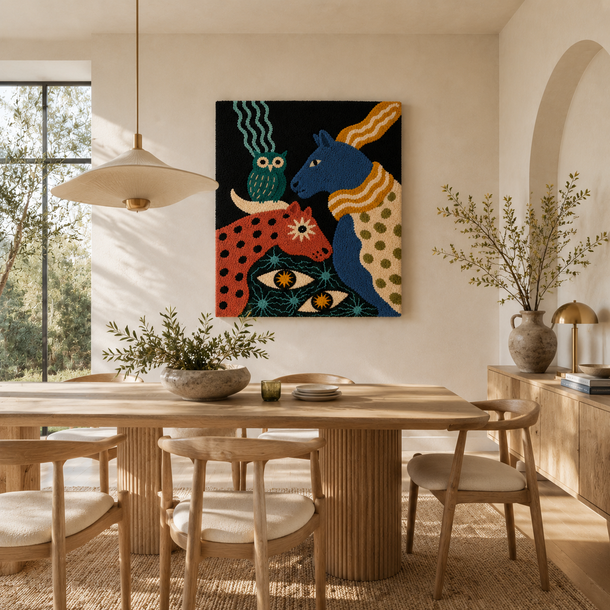 Hewn Earth Folk Mystical Animals wall art featuring intricate illustrations of mystical creatures on a wooden background.