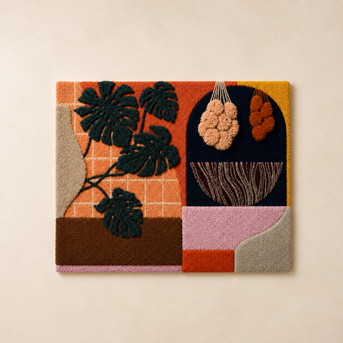 Hewn Earth Monstera Collage wall art featuring vibrant green monstera leaves on a neutral background.
