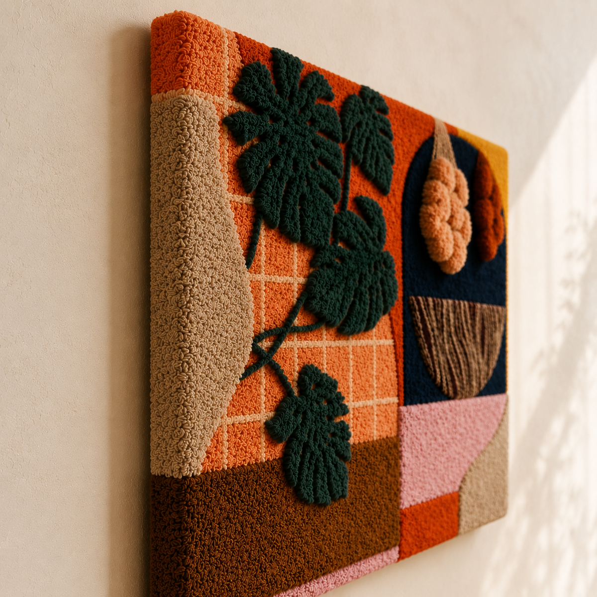 Hewn Earth Monstera Collage wall art featuring vibrant green monstera leaves arranged in a stylish botanical display.