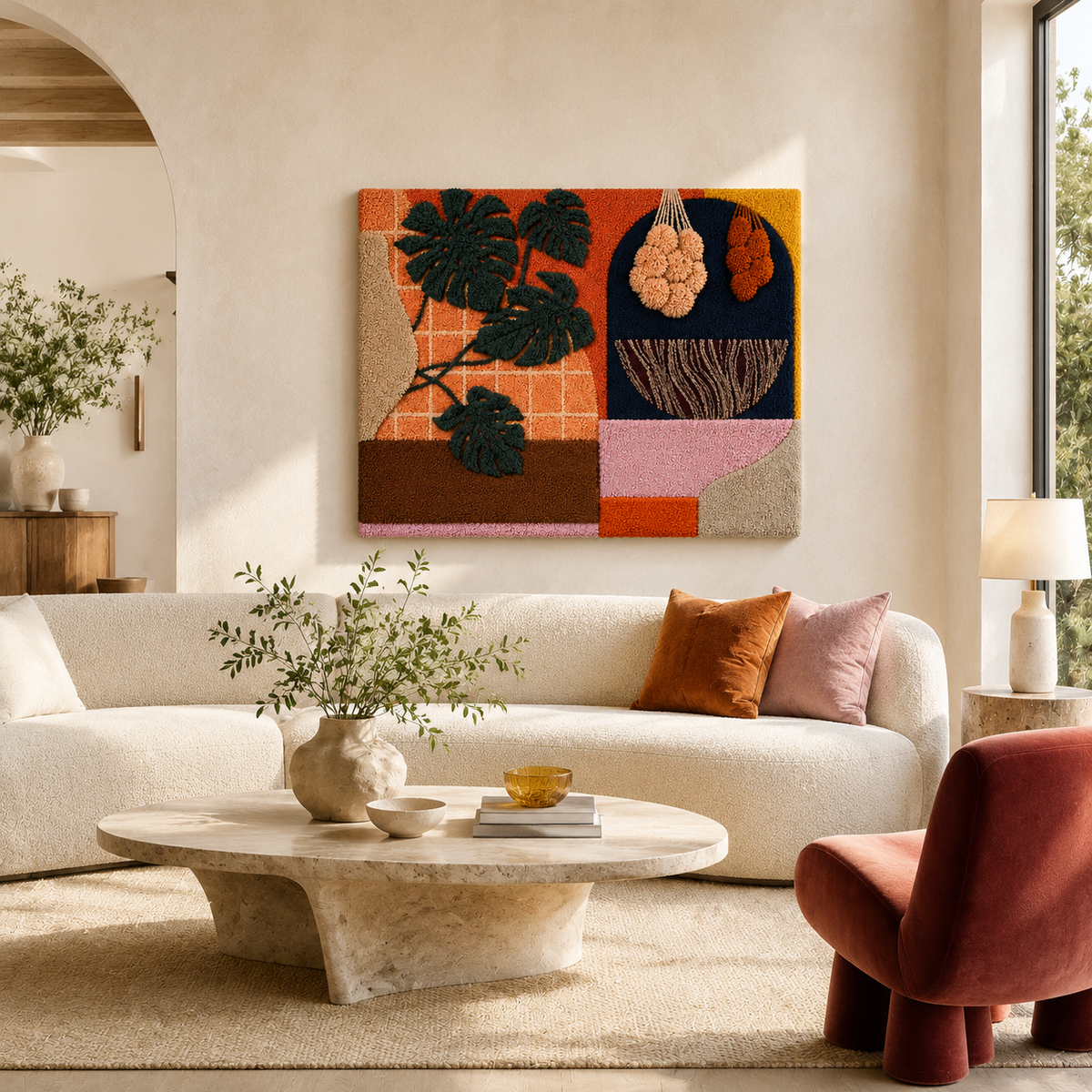 Hewn Earth Monstera Collage wall art featuring vibrant green Monstera leaves on a neutral background, modern botanical decor.