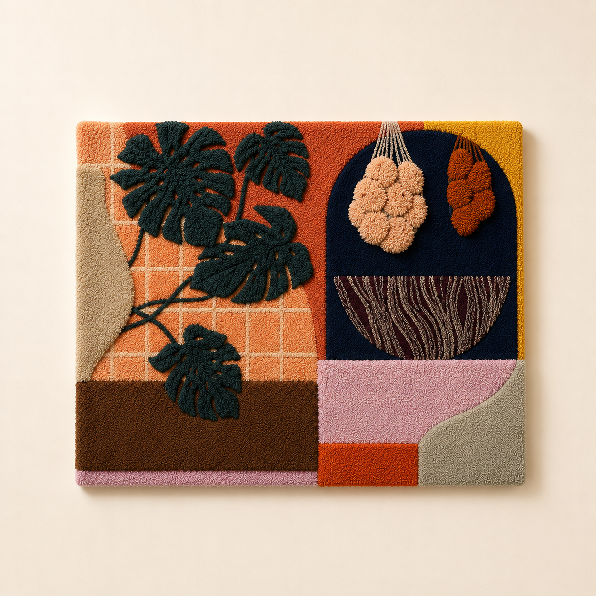 Hewn Earth Monstera Collage wall art featuring vibrant tropical leaf illustrations on a neutral background.