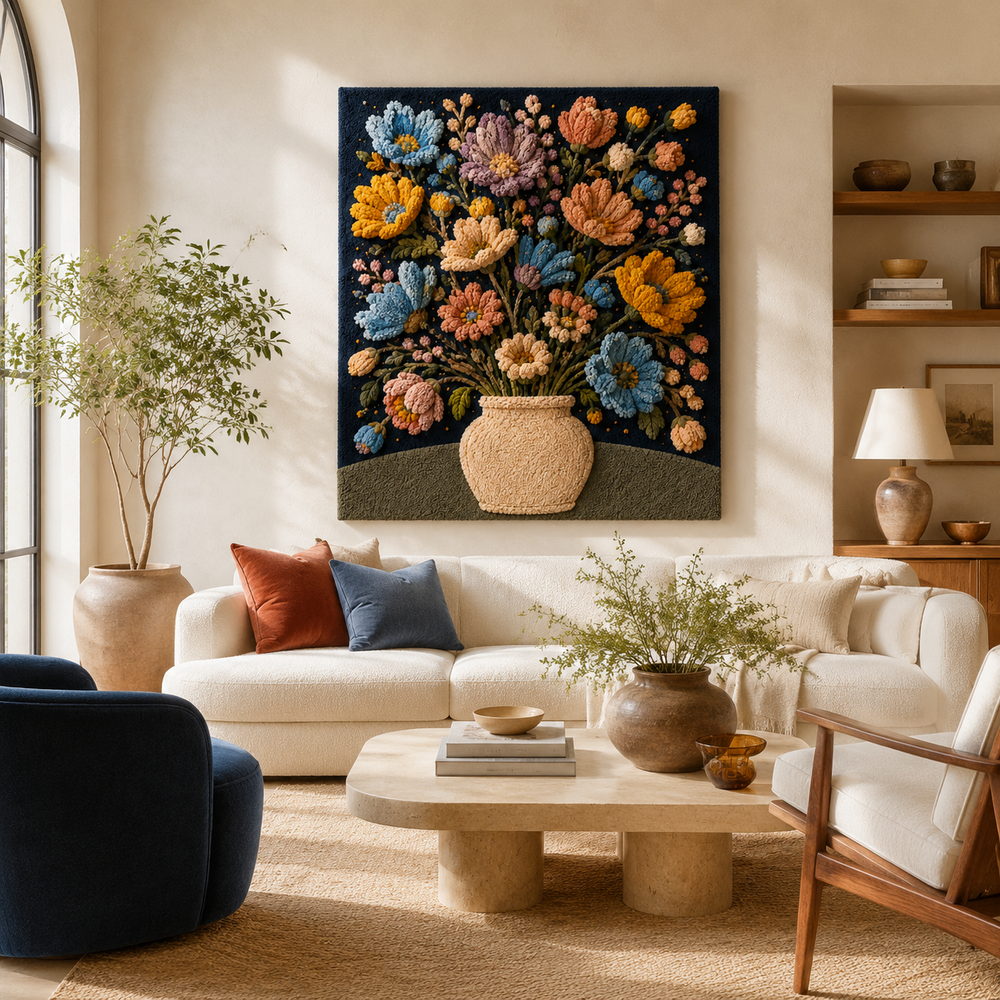 Hewn Earth Folk Wildflower Bouquet wall art featuring colorful wildflowers in a natural, artistic floral arrangement.