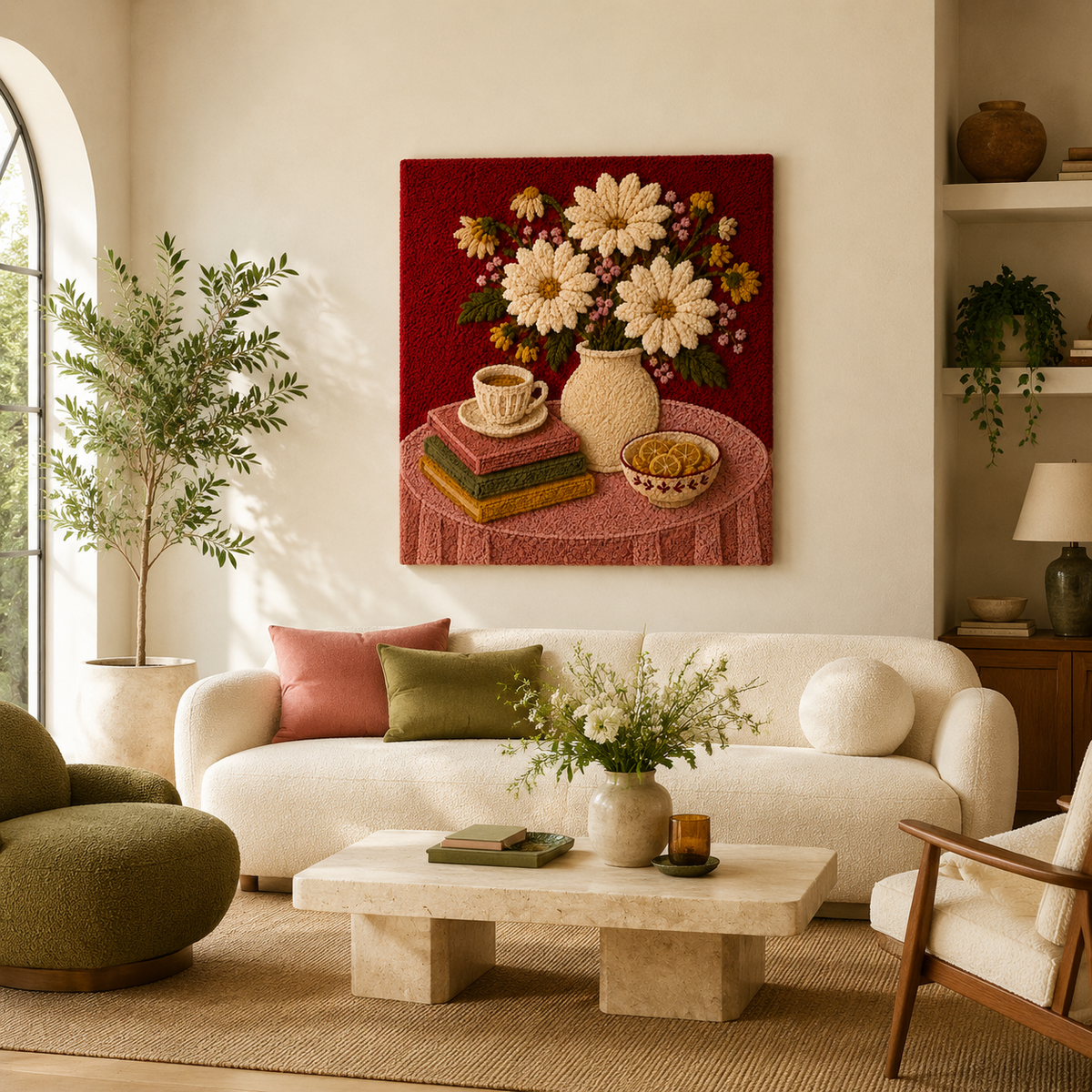 Daisy Still Life wall art by Hewn Earth featuring a vibrant floral still life painting on a textured canvas.