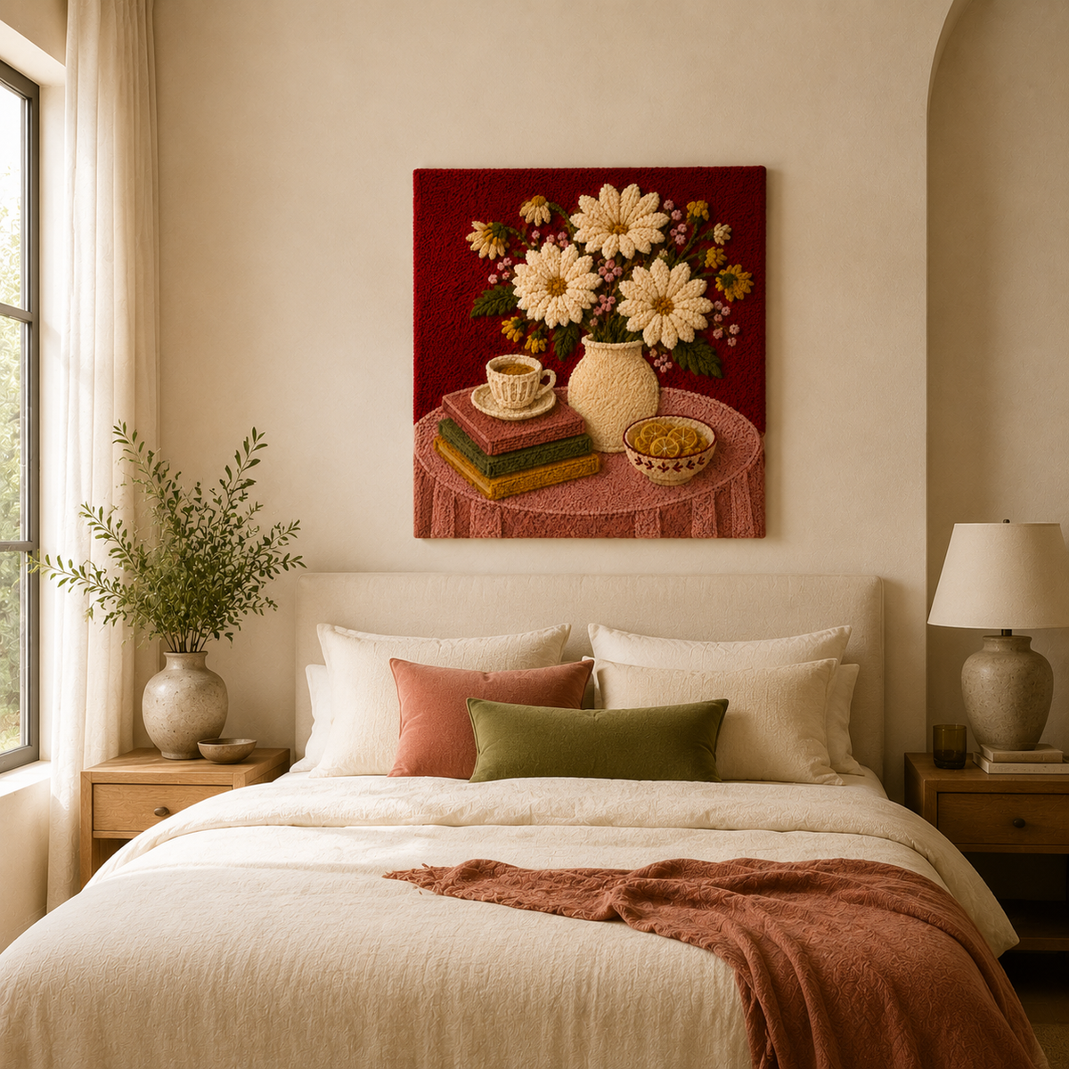 Hewn Earth Daisy Still Life wall art print featuring a vibrant daisy flower arrangement on a neutral background.