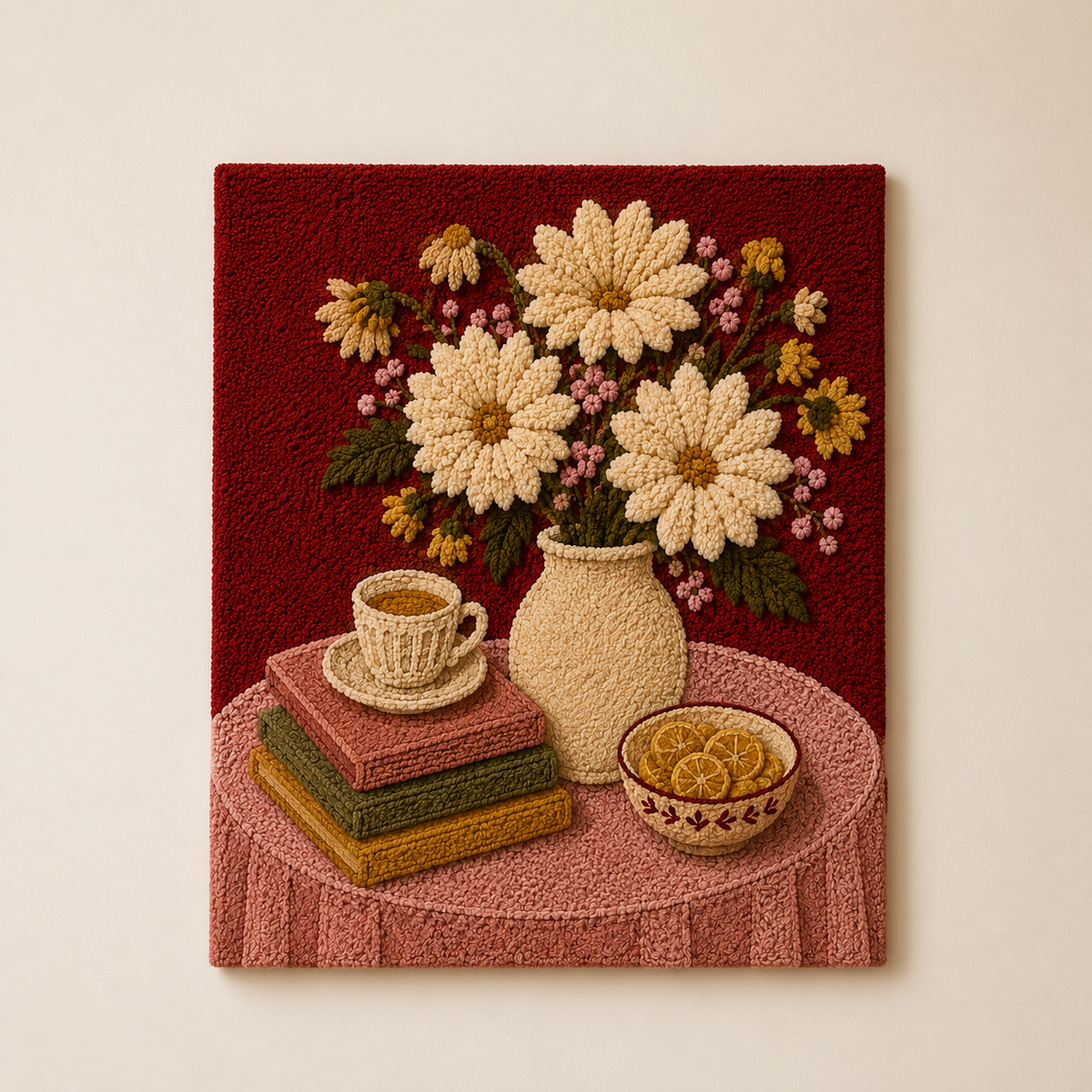 Hewn Earth Daisy Still Life wall art print featuring vibrant daisies in a natural still life setting.