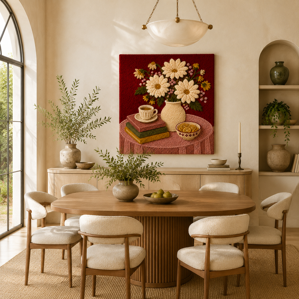 Hewn Earth Daisy Still Life wall art, vibrant floral painting on canvas, showcasing a colorful still life with daisies and greenery.