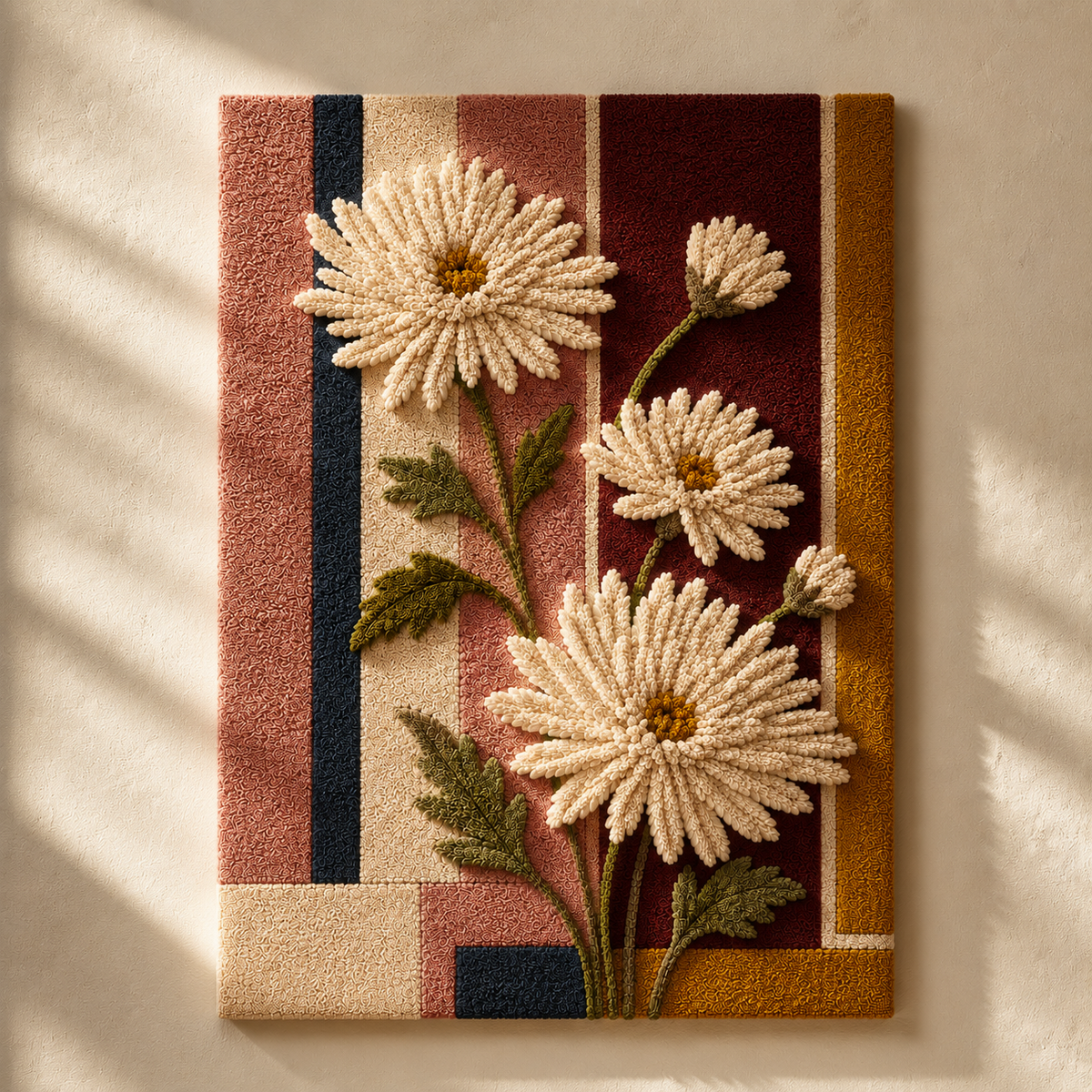 Colorful Daisy Stripes wall art by Hewn Earth featuring vibrant, hand-painted floral and stripe patterns on canvas.