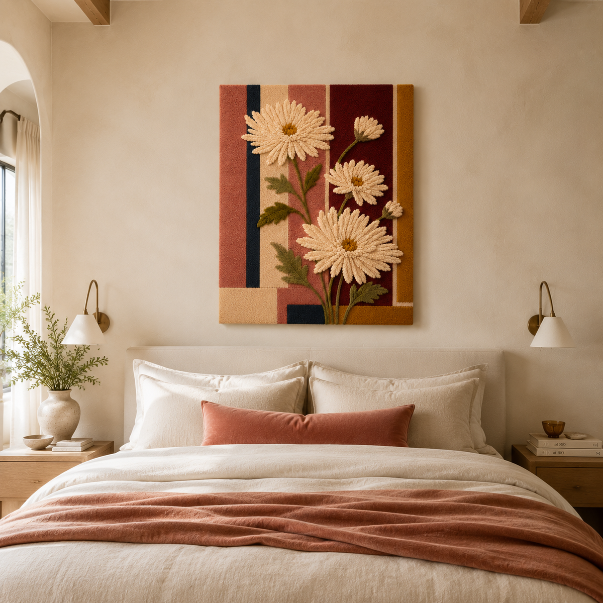 Hewn Earth Daisy Stripes wall art featuring a vibrant floral design with bold yellow and white daisies on a textured background.