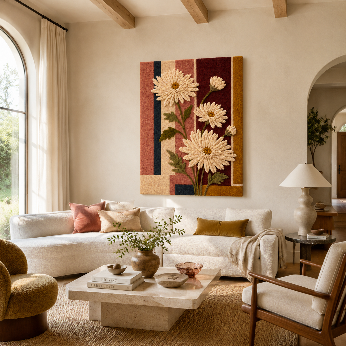 Colorful Daisy Stripes wall art by Hewn Earth featuring vibrant, abstract floral and stripe patterns on a neutral background.