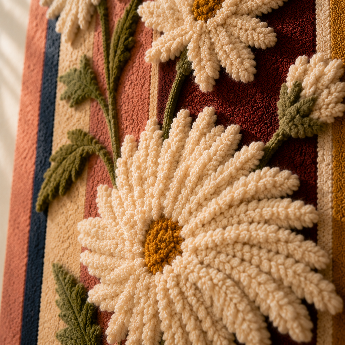 Colorful Daisy Stripes wall art by Hewn Earth, featuring vibrant floral and stripe patterns on a canvas.