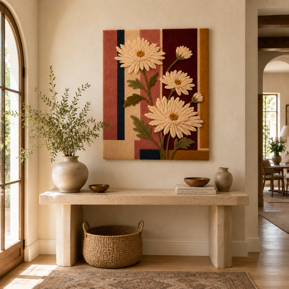 Hewn Earth Daisy Stripes wall art with vibrant yellow, white, and black striped daisy design on a canvas wall decor piece