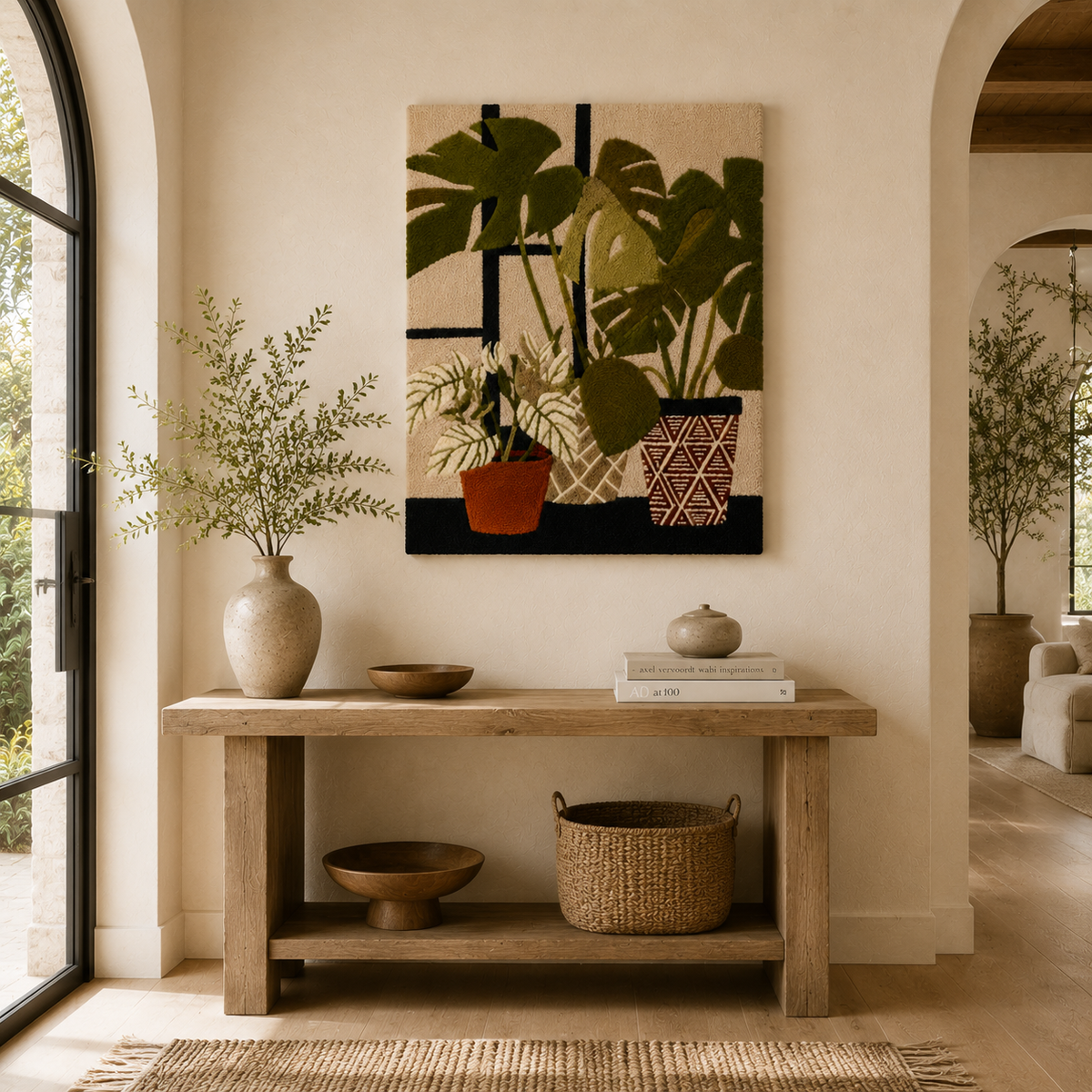 Potted botanical wall art by Hewn Earth featuring a vibrant green plant in a decorative pot on a neutral background.