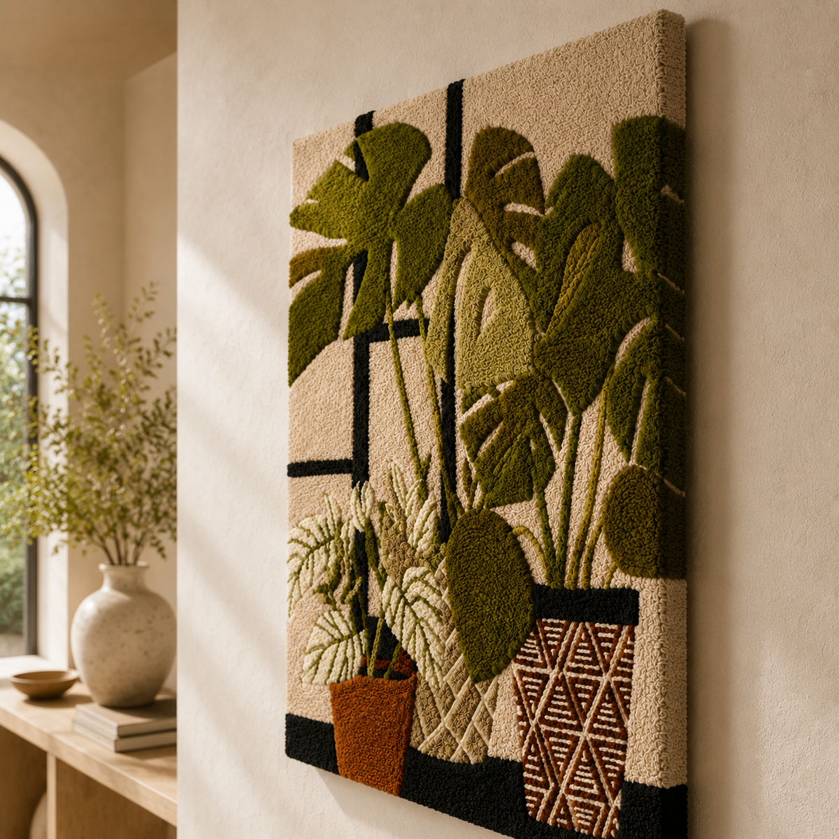 Hewn Earth potted botanical wall art featuring lush green plants in a sleek black pot, ideal for modern interior decor