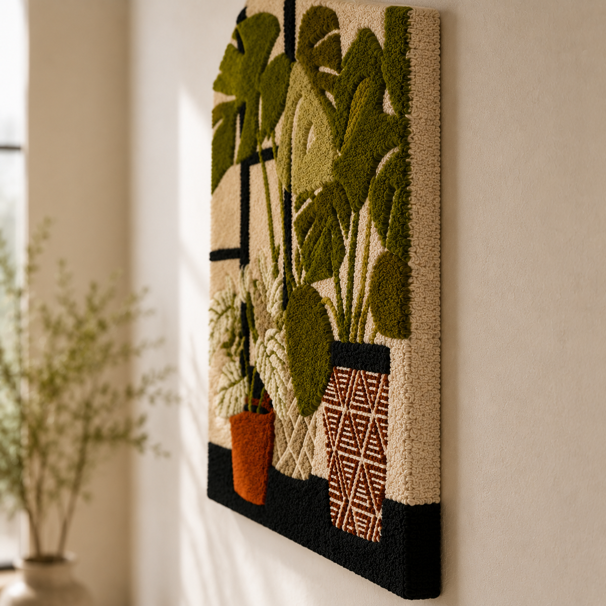 Potted botanical wall art by Hewn Earth featuring lush green plants in a modern pot, designed for interior decor.