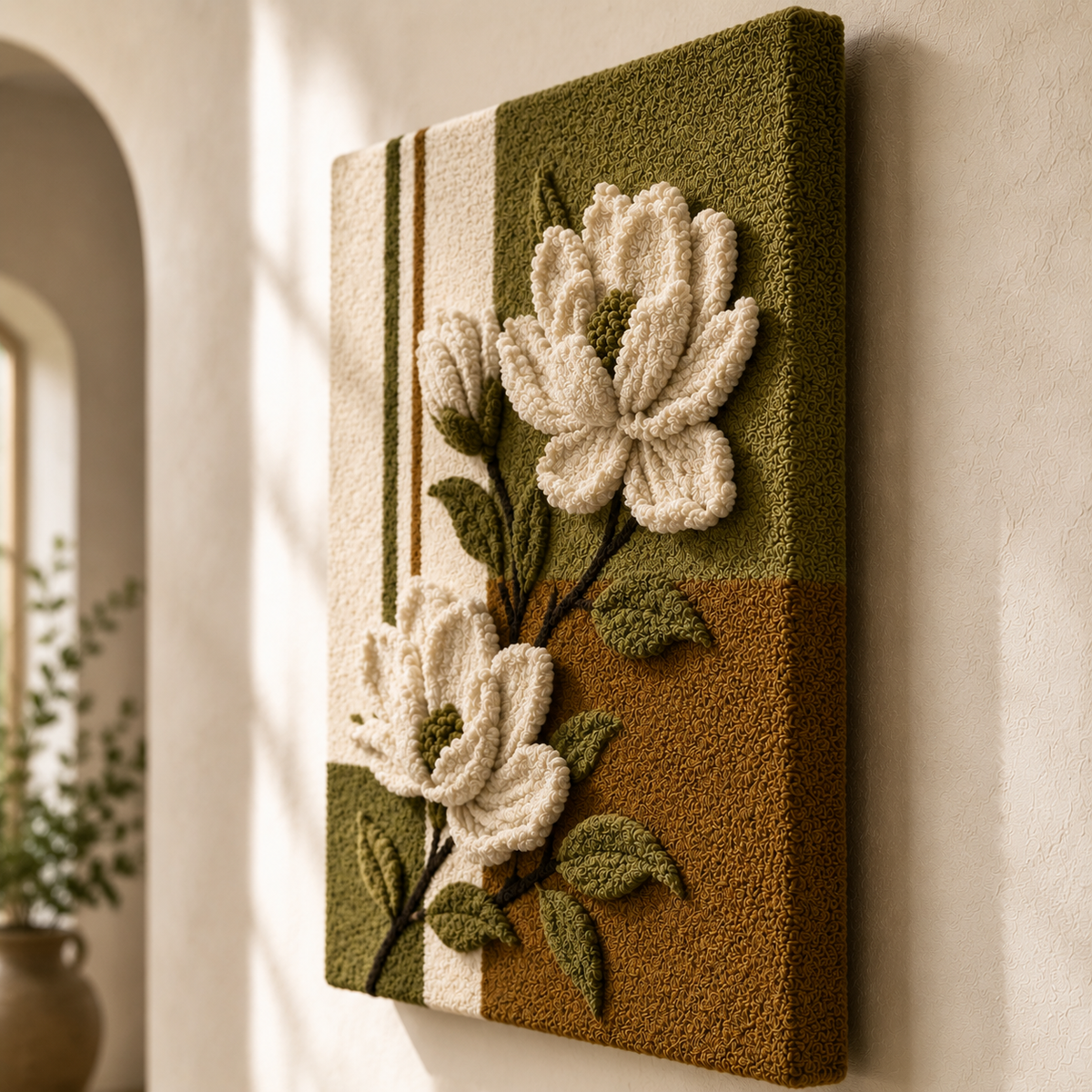 Hewn Earth Magnolia Bloom wall art, botanical print featuring vibrant pink and green floral design on a neutral background.