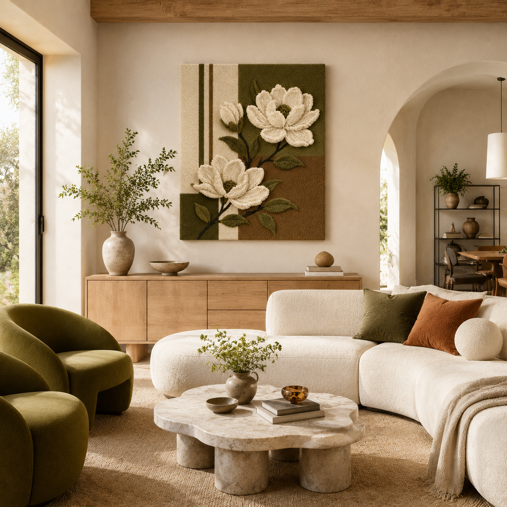 Hewn Earth Magnolia Bloom wall art featuring a detailed illustration of a blooming magnolia flower on a neutral background.