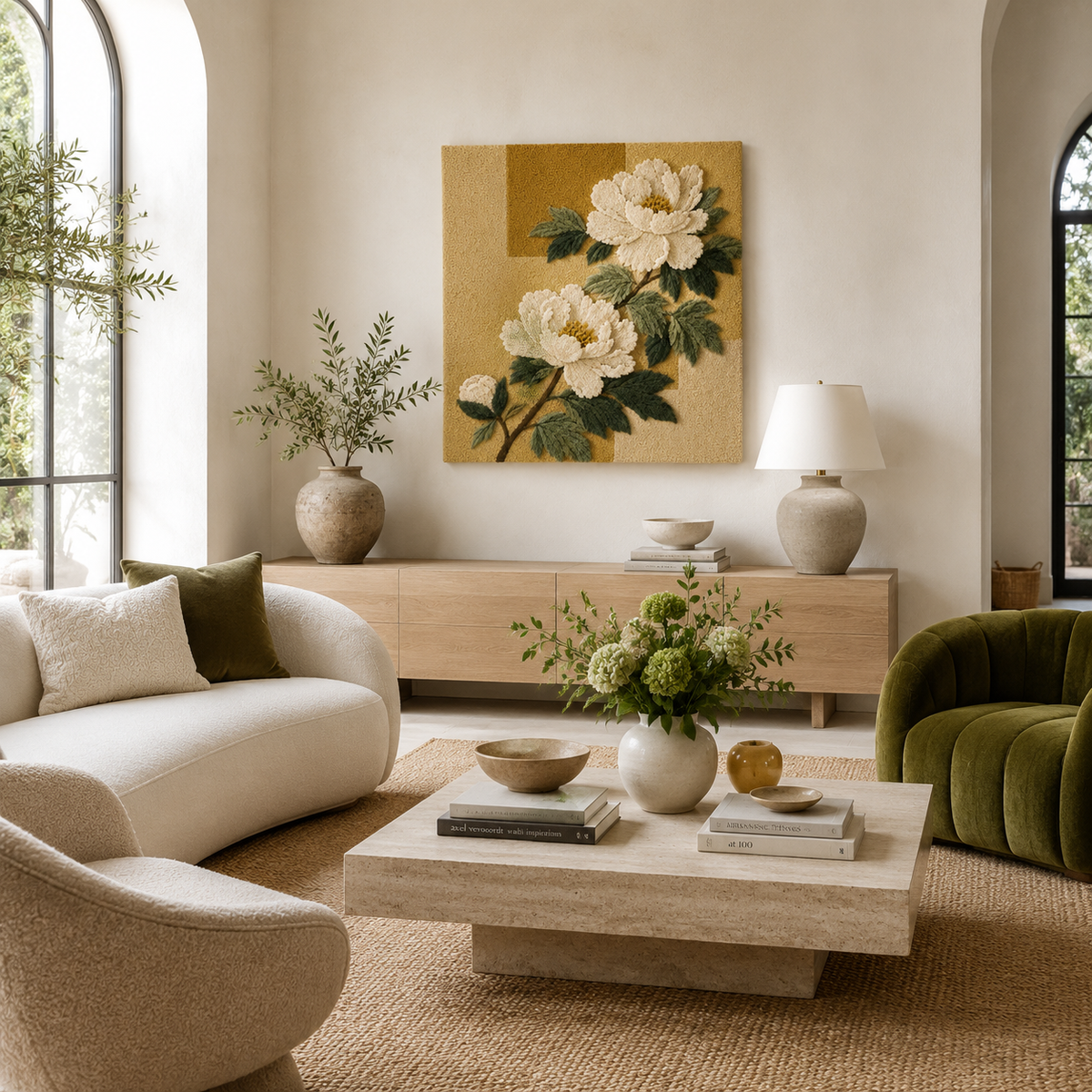Close-up of Hewn Earth Cream Peonies wall art showcasing soft cream-colored peonies in a natural floral display.