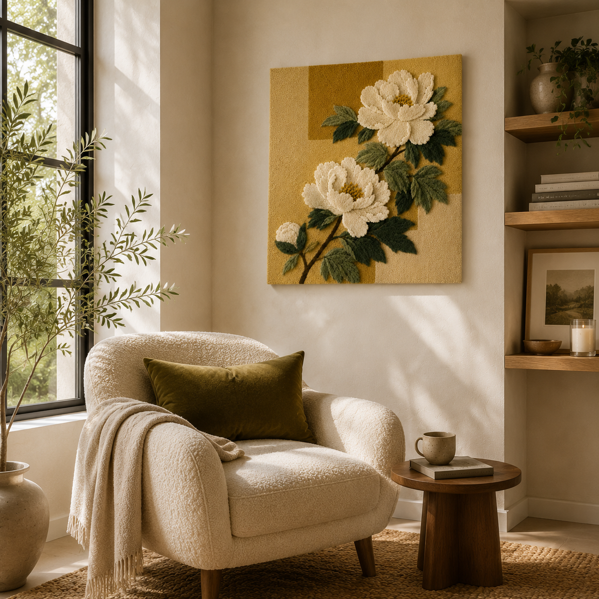 Wall art featuring cream-colored peonies by Hewn Earth, showcasing detailed floral artwork in a natural style.