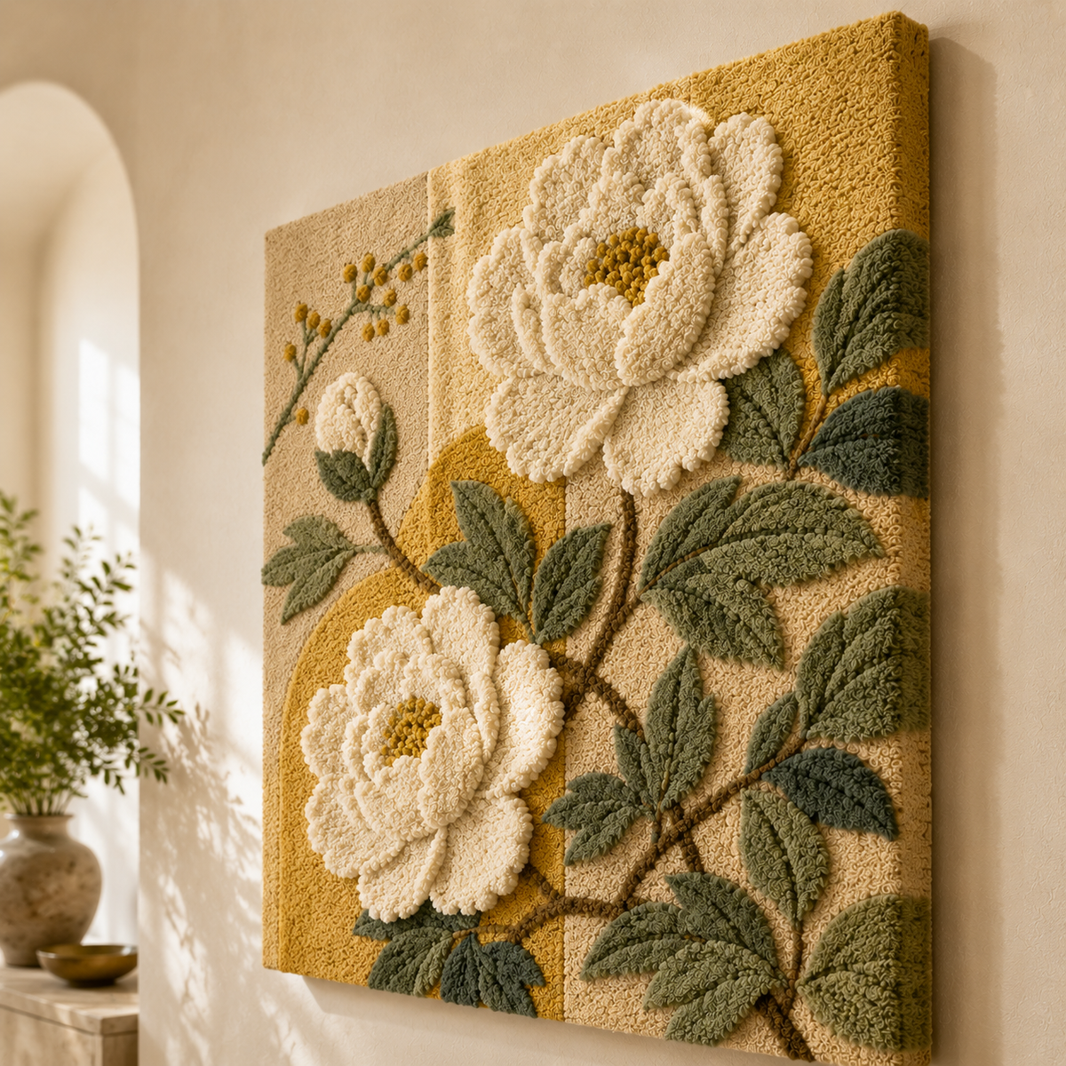 Wall art featuring cream peonies with green foliage, designed by Hewn Earth, perfect for floral-themed interior decor.