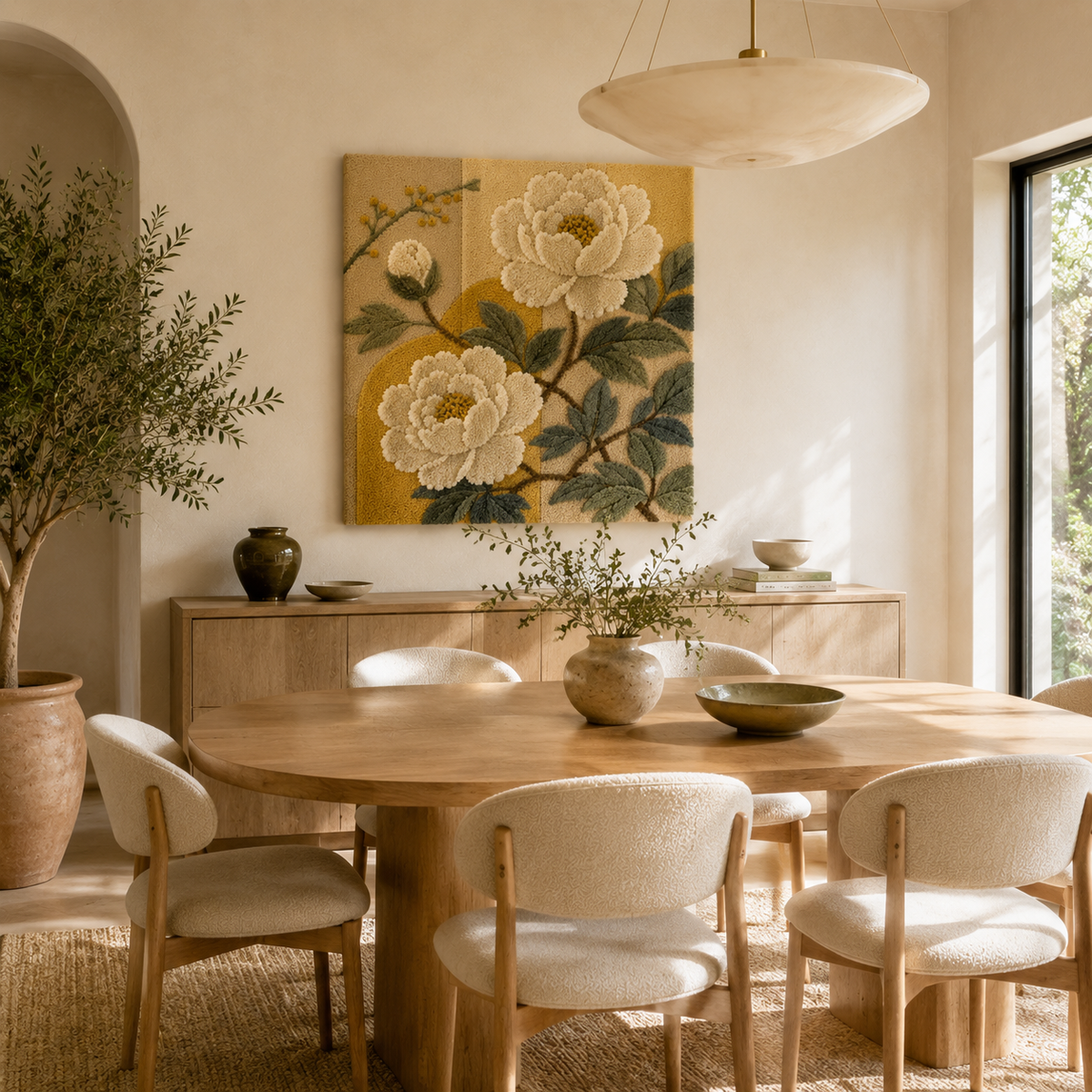 Cream peonies wall art by Hewn Earth featuring a detailed illustration of elegant cream peony flowers on a neutral background.