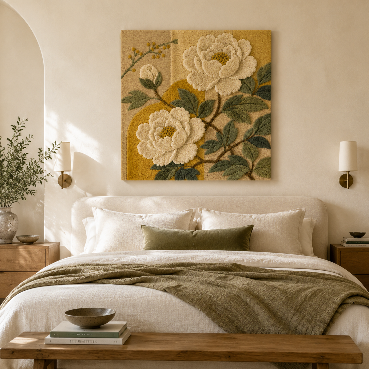 Cream peony wall art by Hewn Earth, featuring detailed watercolor painting of blooming peonies on a neutral background.