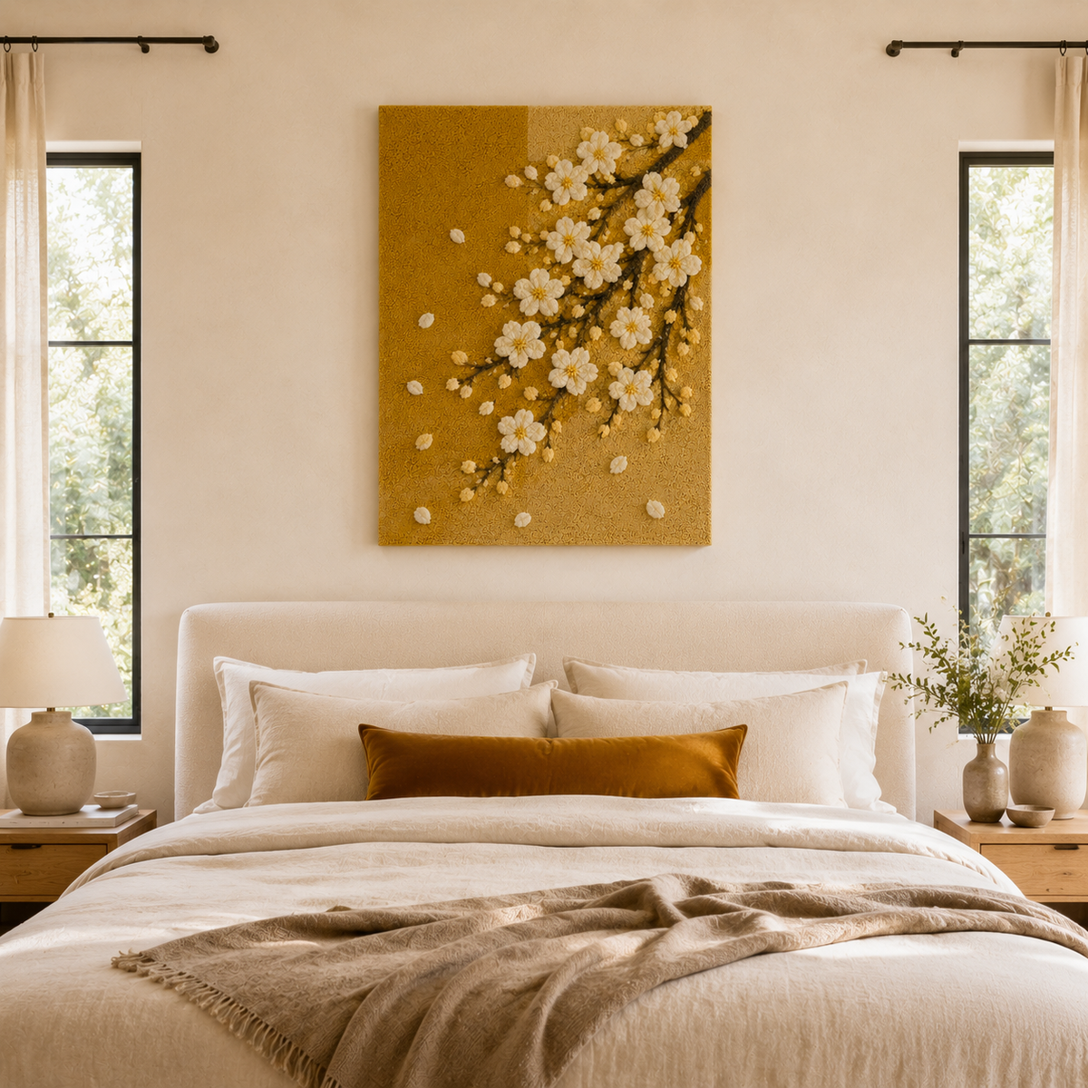 Hewn Earth Cherry Blossoms wall art featuring delicate pink cherry blossoms on a neutral background, ideal for home decor.