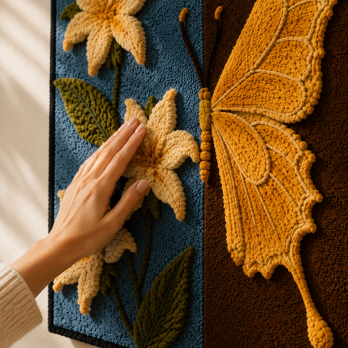 Hewn Earth Butterfly and Lilies Diptych wall art featuring vibrant butterfly and lily illustrations on a decorative canvas.