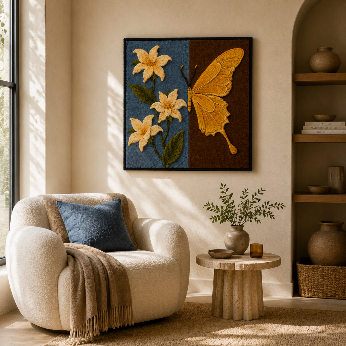 Hewn Earth Butterfly & Lilies Diptych wall art featuring vibrant butterfly and lily floral illustrations on high-quality canvas