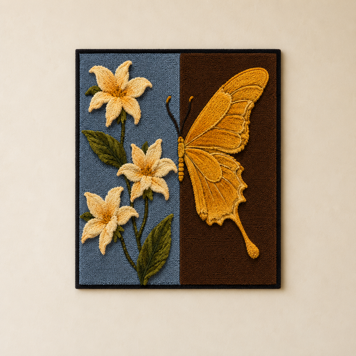 Hewn Earth Butterfly and Lilies Diptych wall art featuring vibrant butterfly and lily illustrations on a neutral background.