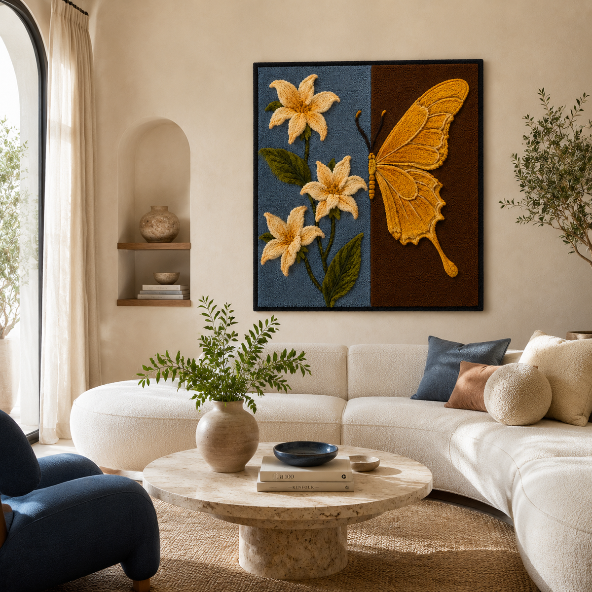 Hewn Earth wall art diptych featuring delicate butterfly and lilies illustrations on a neutral background.