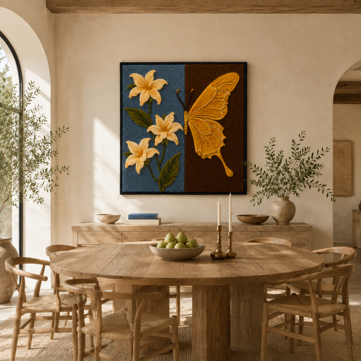 Hewn Earth Butterfly & Lilies Diptych wall art, featuring vibrant butterfly and lily floral illustrations on canvas.