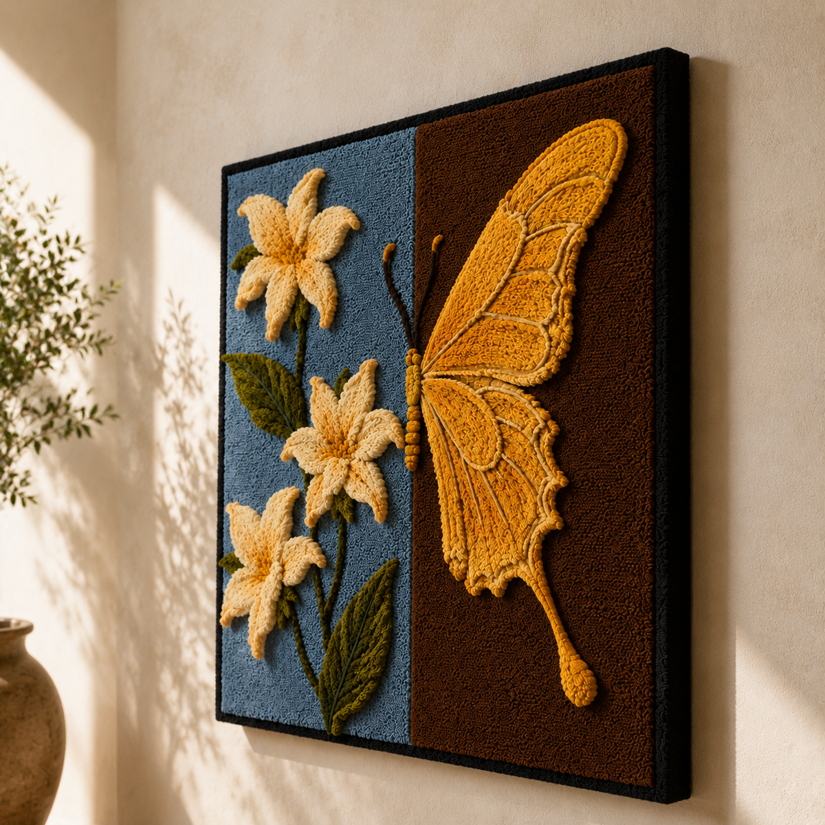 Hewn Earth Butterfly & Lilies Diptych wall art featuring vibrant butterfly and lily floral illustrations on canvas.