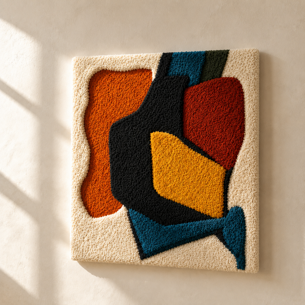 Hewn Earth Primary Forms HE-0045 wall art featuring abstract geometric shapes in earthy tones, hung on a white wall.