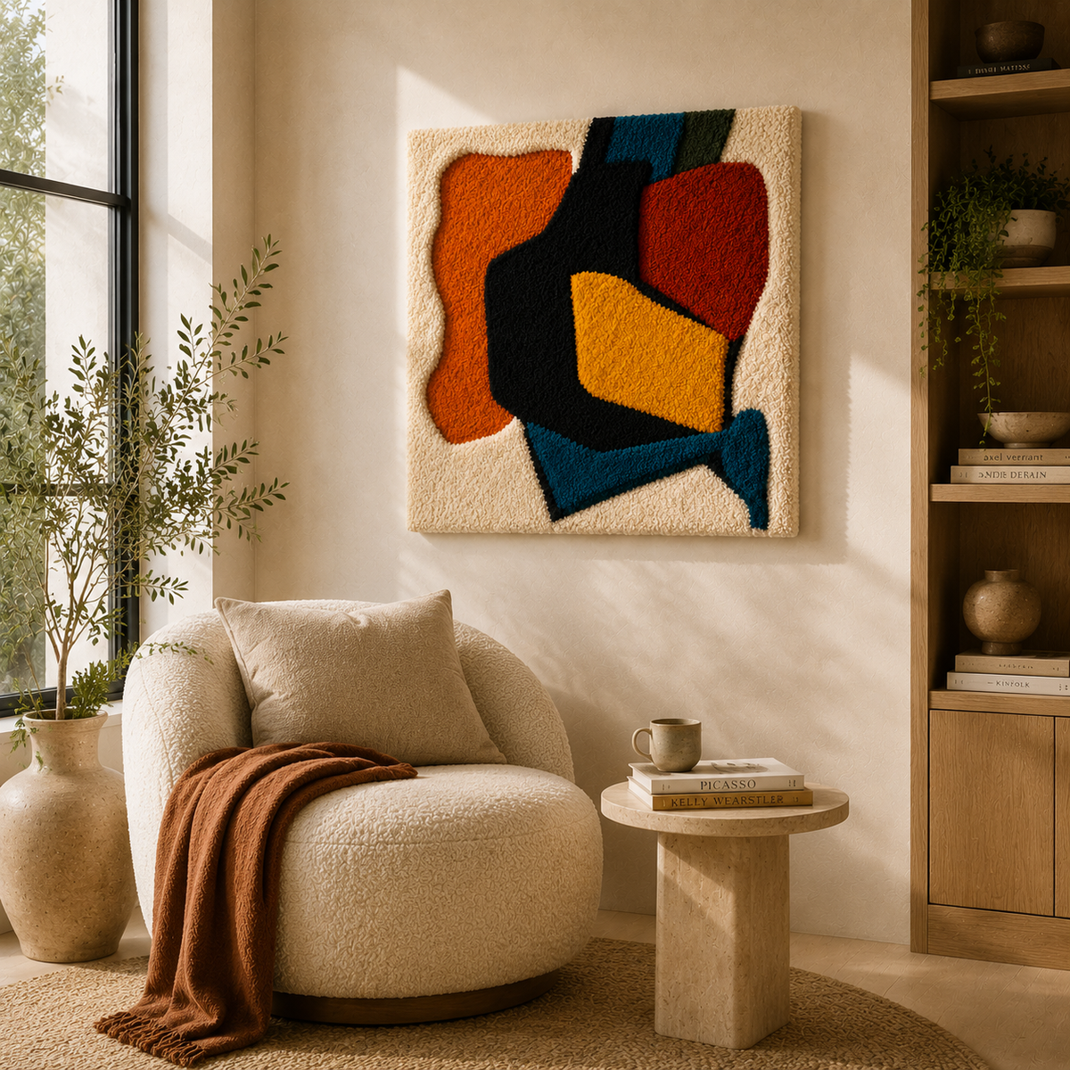 Hewn Earth Primary Forms HE-0045 wall art featuring abstract geometric shapes in neutral tones on a textured background
