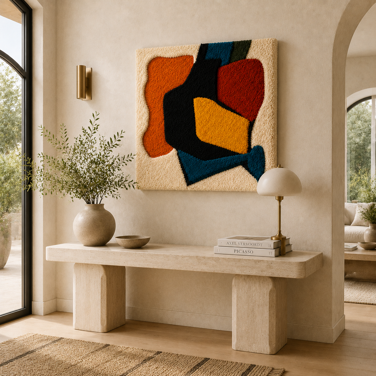 Hewn Earth Primary Forms HE-0045 wall art featuring abstract geometric shapes in neutral tones on a textured background.