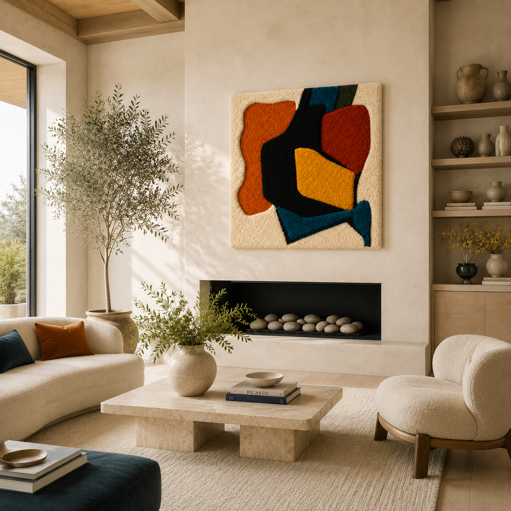 Hewn Earth wall art piece, Primary Forms HE-0045, featuring abstract geometric shapes in neutral tones, on a white background.