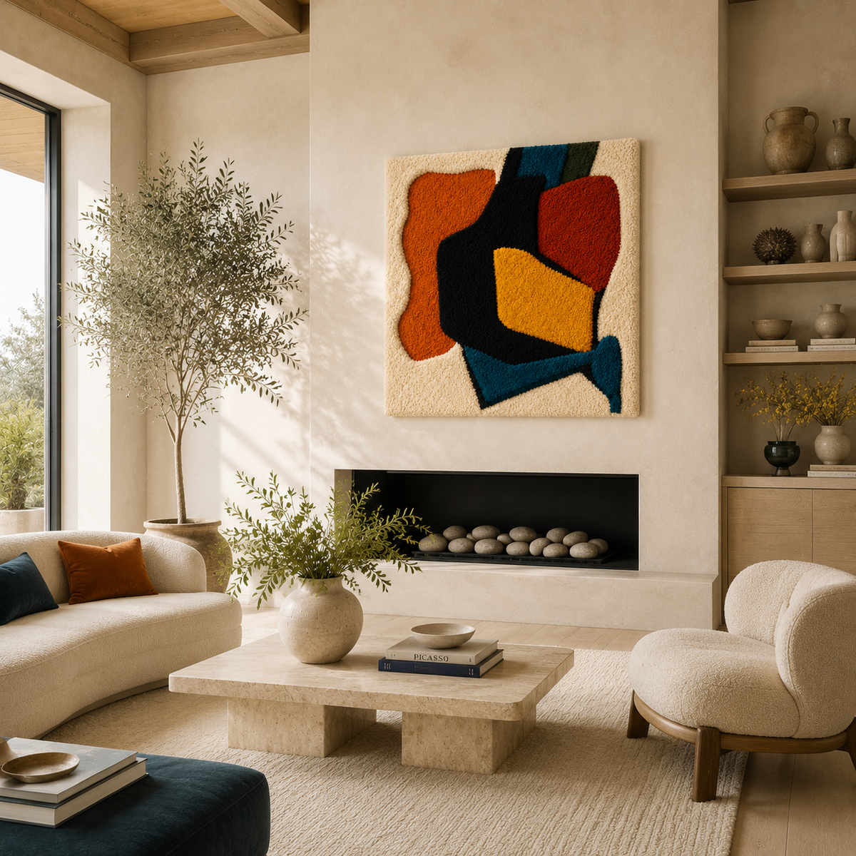 Hewn Earth wall art piece, Primary Forms HE-0045, featuring abstract geometric shapes in neutral tones, on a white background.