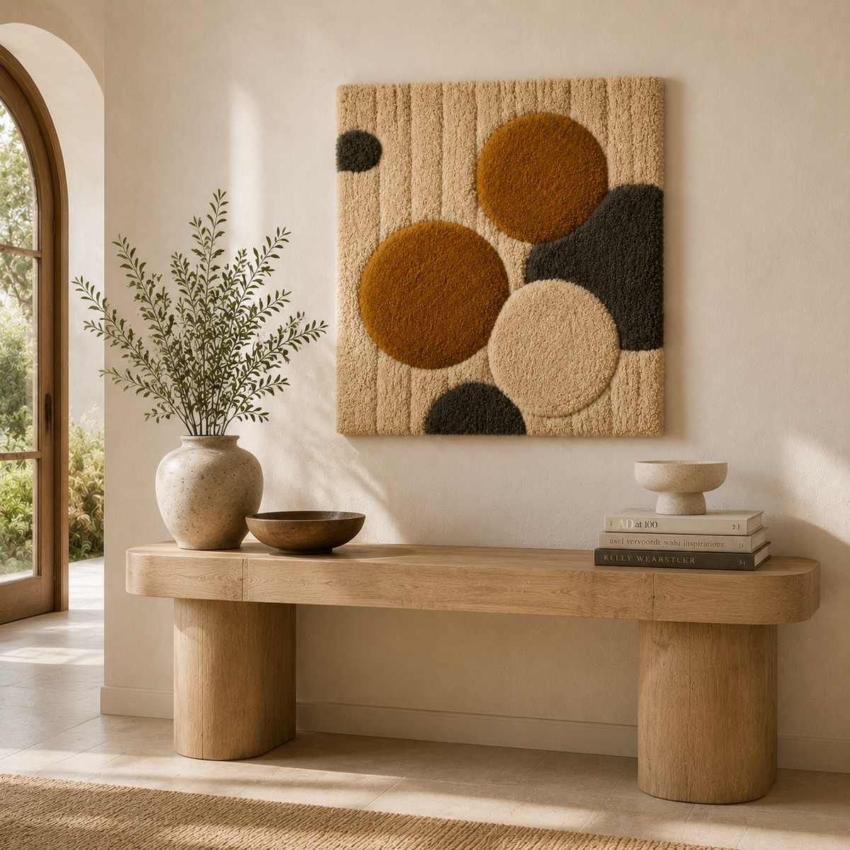 Hewn Earth Ochre Pebbles wall art featuring textured ochre-colored pebbles arranged in a natural design.