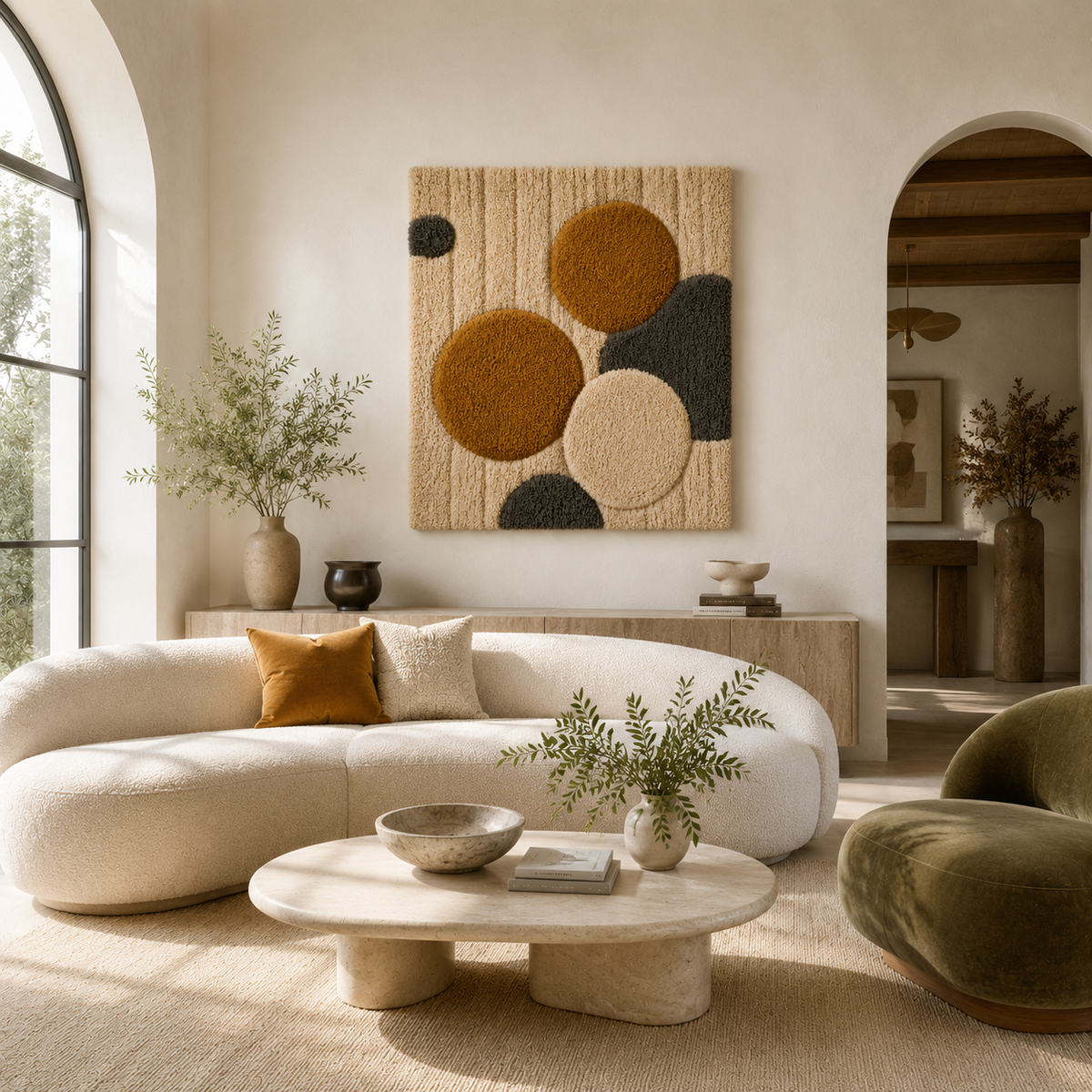 Hewn Earth Ochre Pebbles wall art featuring natural yellow and beige stone textures arranged in an artistic display.