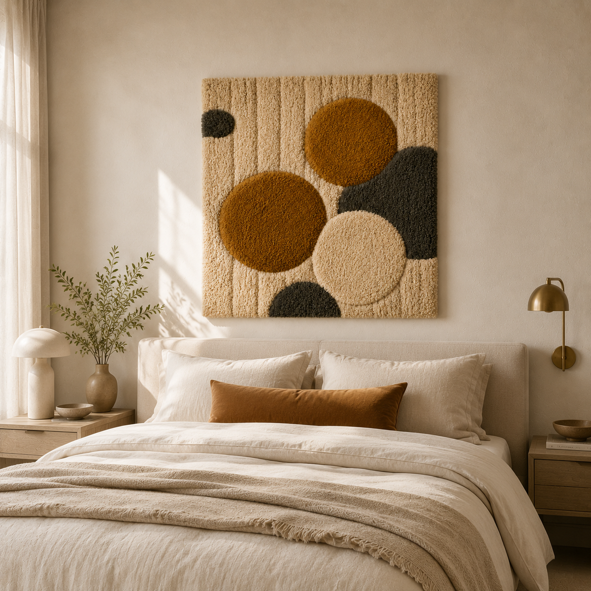 Hewn Earth Ochre Pebbles wall art featuring a textured arrangement of ochre-colored stones on a neutral background.
