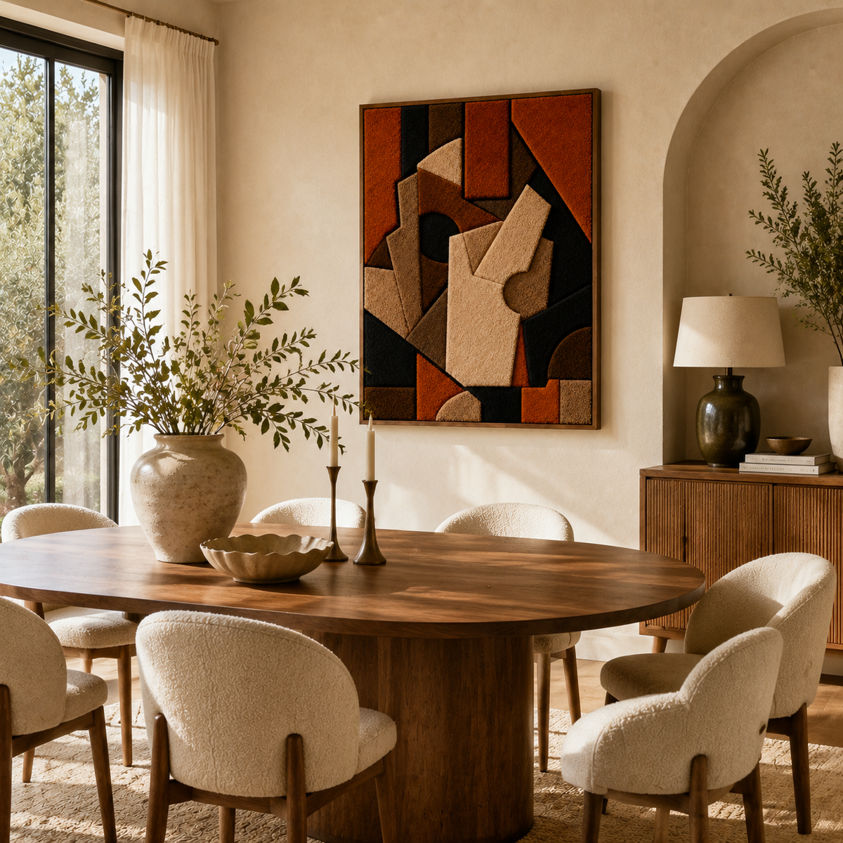 Hewn Earth Terracotta Totems wall art, handcrafted ceramic sculptures with earthy tones, displayed on a neutral background.