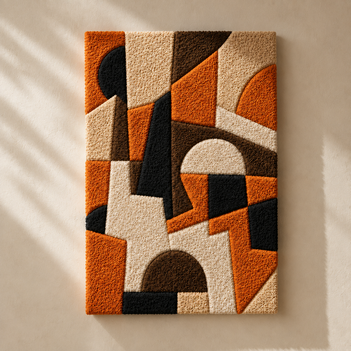 Hewn Earth Bauhaus Blocks wall art, HE-0048, featuring geometric shapes in neutral tones on a white background.