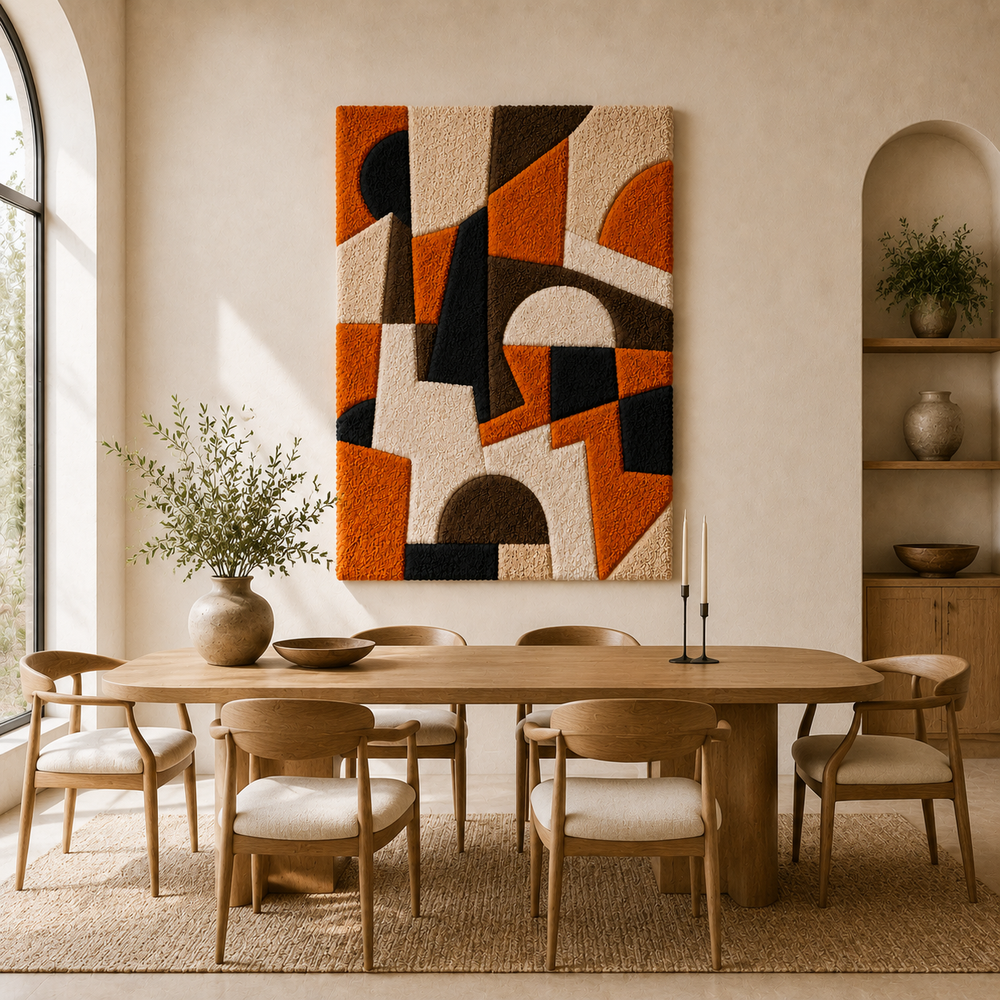 Hewn Earth Bauhaus Blocks HE-0048 wall art featuring geometric wooden blocks arranged in a modern, artistic design.