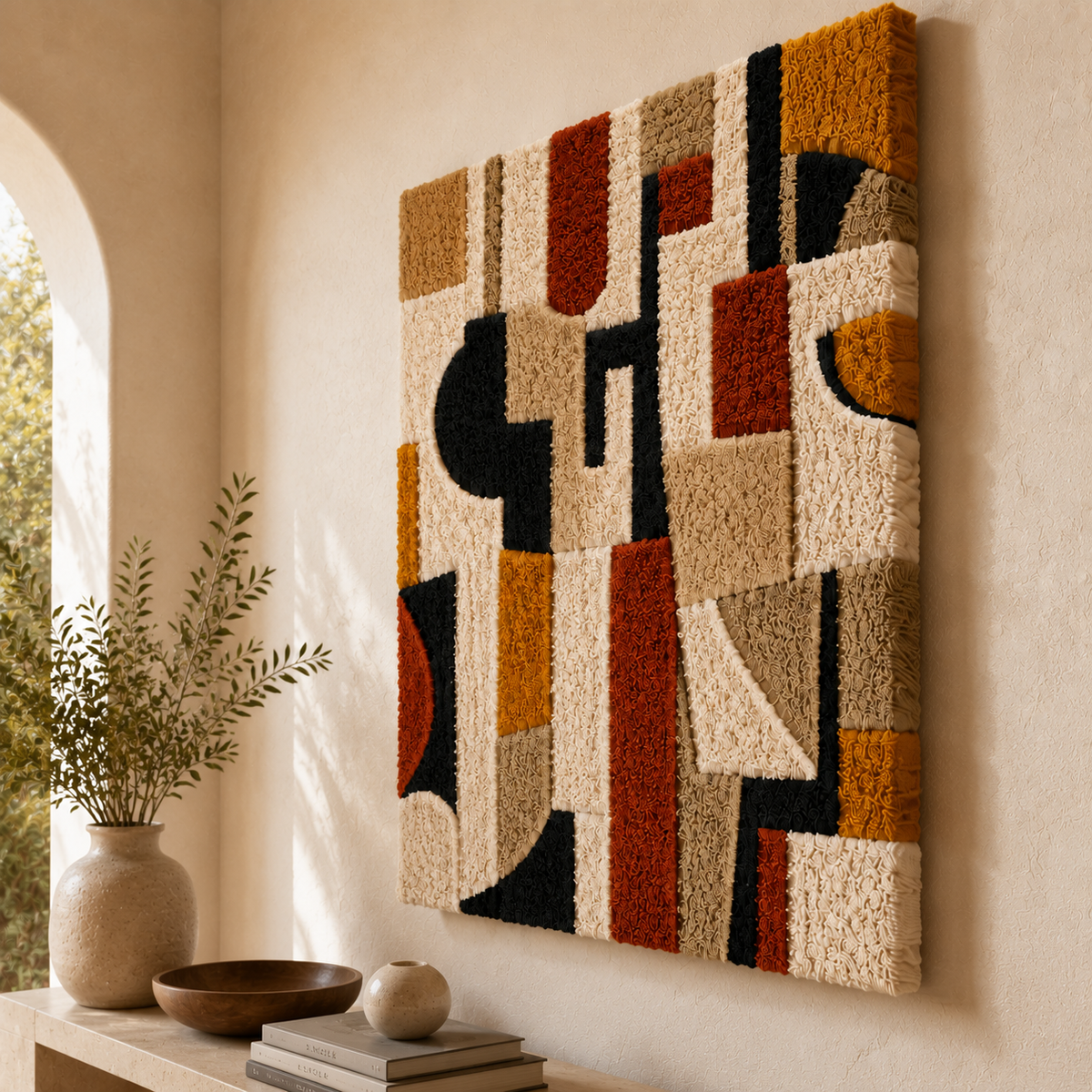Modernist Grid wall art by Hewn Earth featuring a geometric design in neutral tones, suitable for contemporary interior decor.