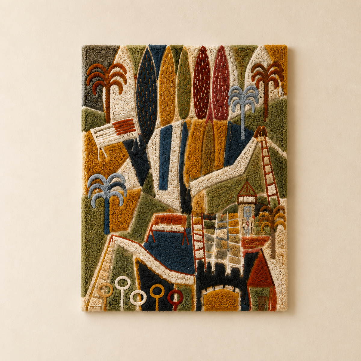 Colorful folk tapestry wall art by Hewn Earth featuring intricate traditional patterns on fabric background.