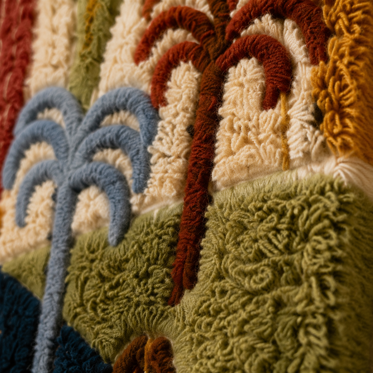 Colorful folk tapestry wall art by Hewn Earth featuring intricate patterns on woven fabric for home decor.