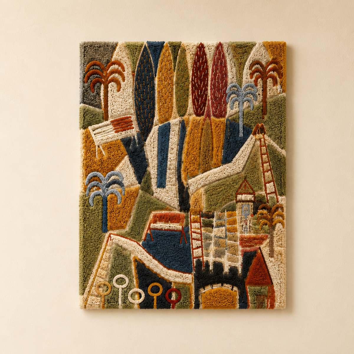 Colorful folk tapestry wall art by Hewn Earth featuring intricate patterns and vibrant designs for wall decoration.
